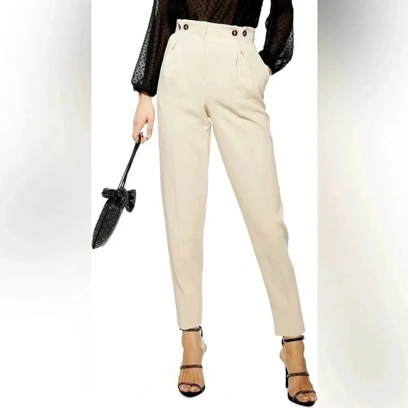 Topshop Betty Peg Trousers High Waisted Cropped Paperbag Pants Tan Camel Size 4 - Picture 2 of 16